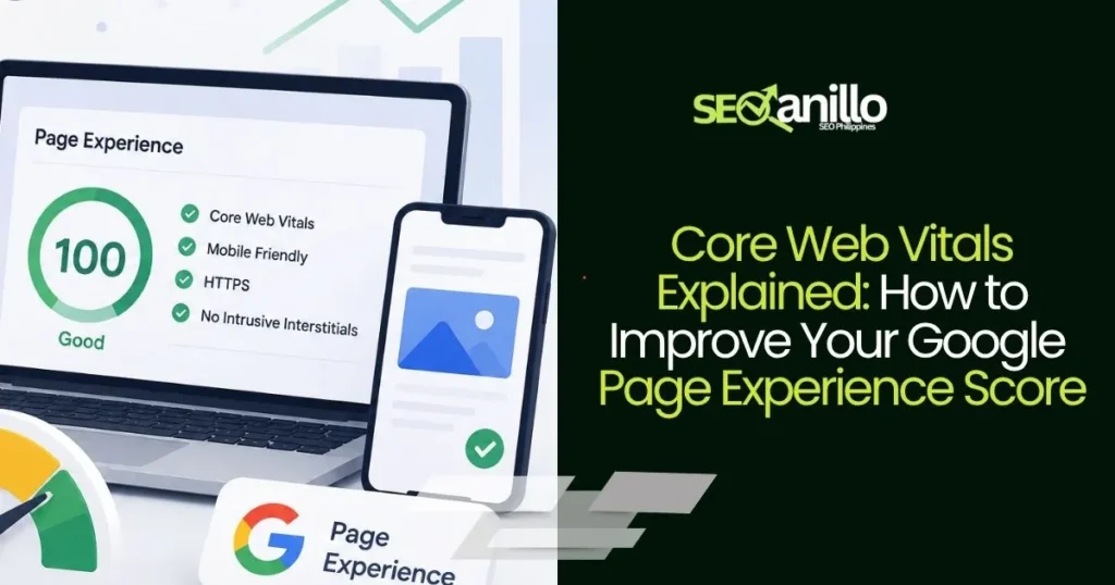 Core Web Vitals guide showing page experience metrics and website performance scores.