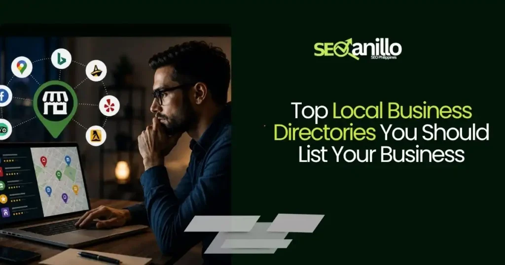 A person researching top local business directories to list a business online for better SEO visibility.