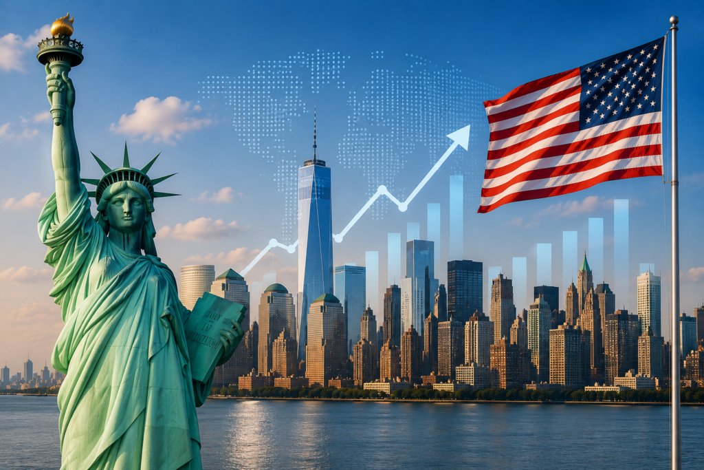 US SEO services with Statue of Liberty, skyline, analytics chart, and American flag.