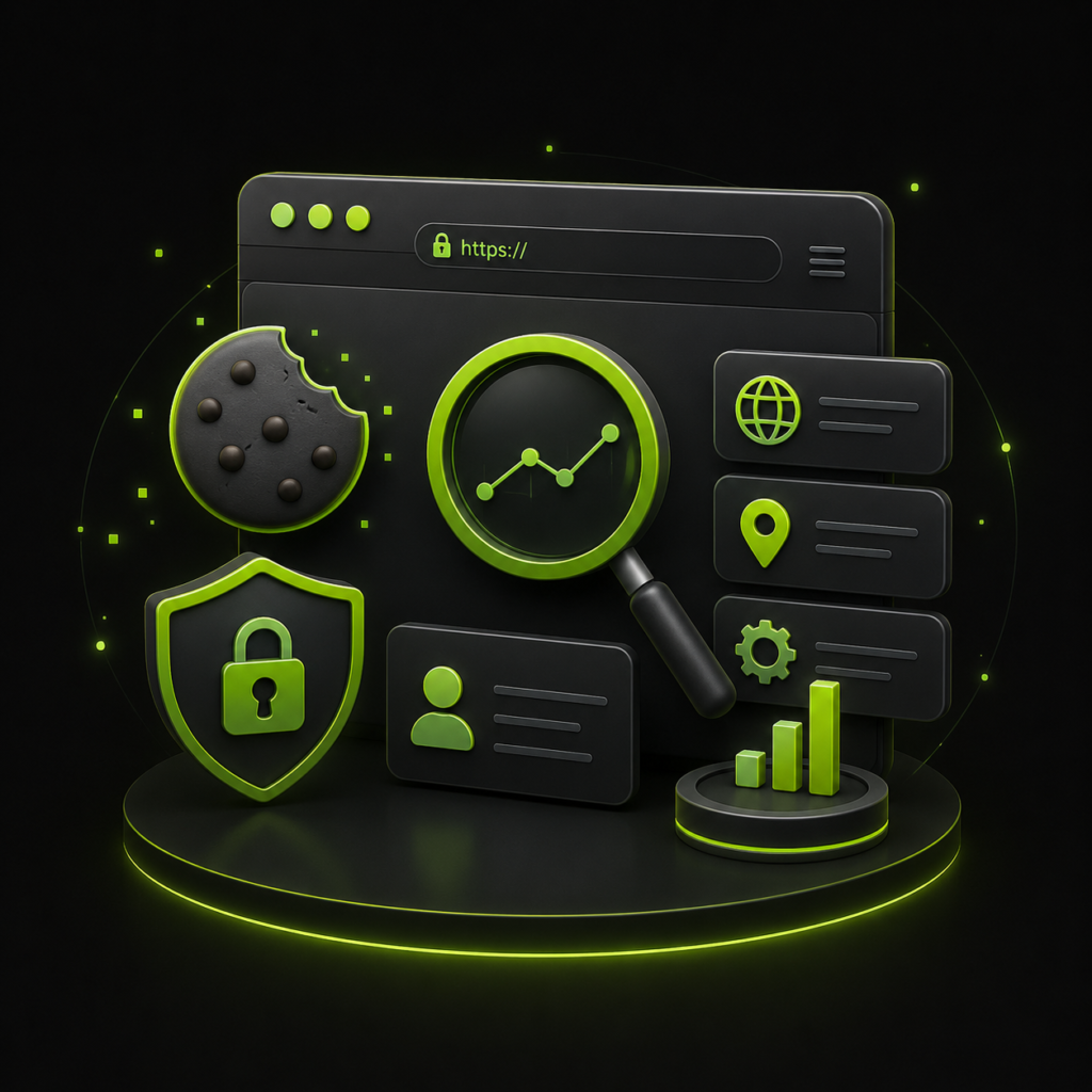 3D illustration of website cookies, tracking data, analytics, and privacy tools