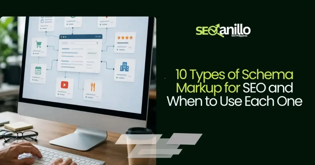 Schema markup for SEO dashboard displaying structured data types on a desktop monitor.