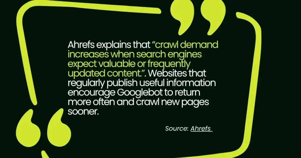 Ahrefs quote explaining crawl demand and its role in crawl budget optimization and faster indexing.
