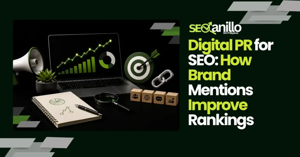 Digital PR for SEO graphic showing brand mentions improving search rankings