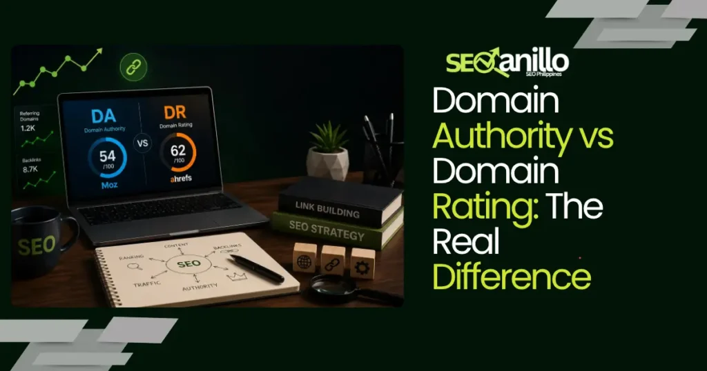 Domain Authority vs Domain Rating comparison showing backlink and website authority metrics