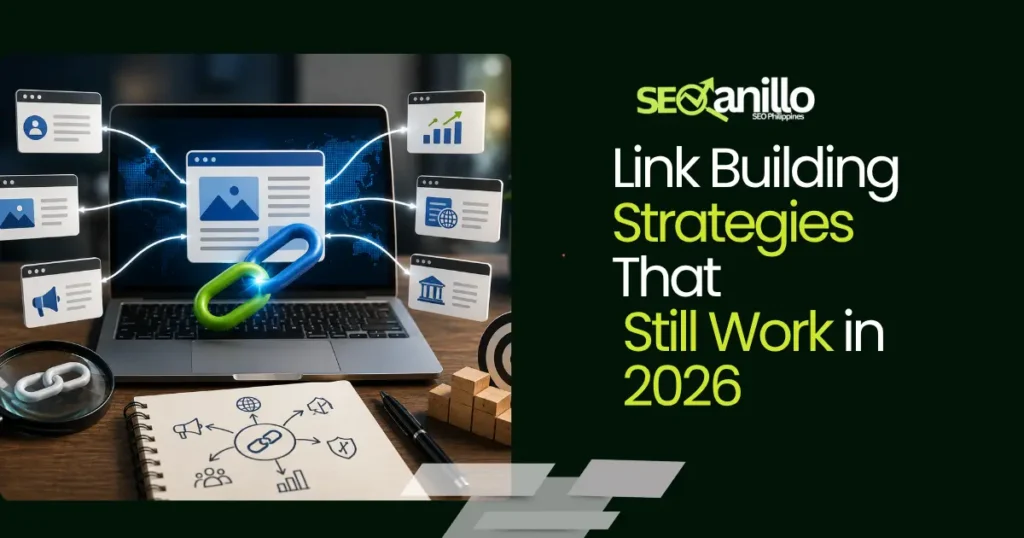 SEO link building workflow with backlinks, outreach, and authority growth visual.