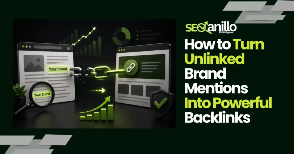 Digital illustration showing unlinked brand mentions turning into powerful backlinks to improve SEO rankings and website authority.