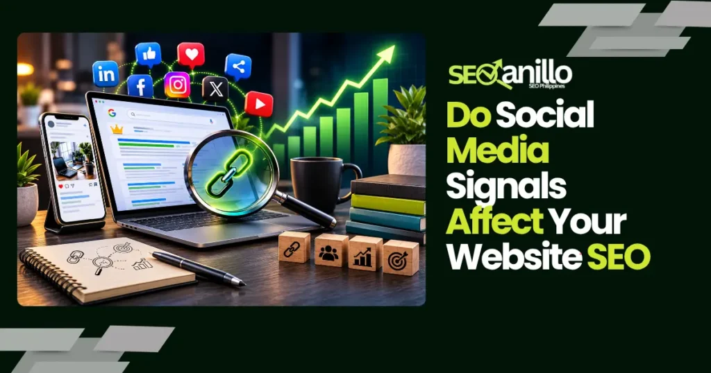 Social Media Signals SEO graphic showing backlinks, rankings, and social media platforms