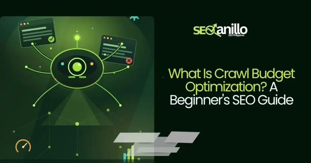 llustration of a search engine crawler analyzing website pages for crawl budget optimization