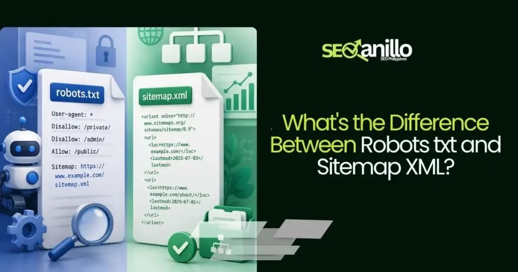 Illustration comparing robots txt and sitemap xml showing crawl rules and site structure.
