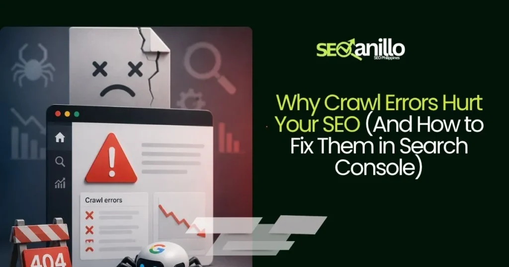 Illustration of Crawl Errors on a website with warning signs and a 404 notice.