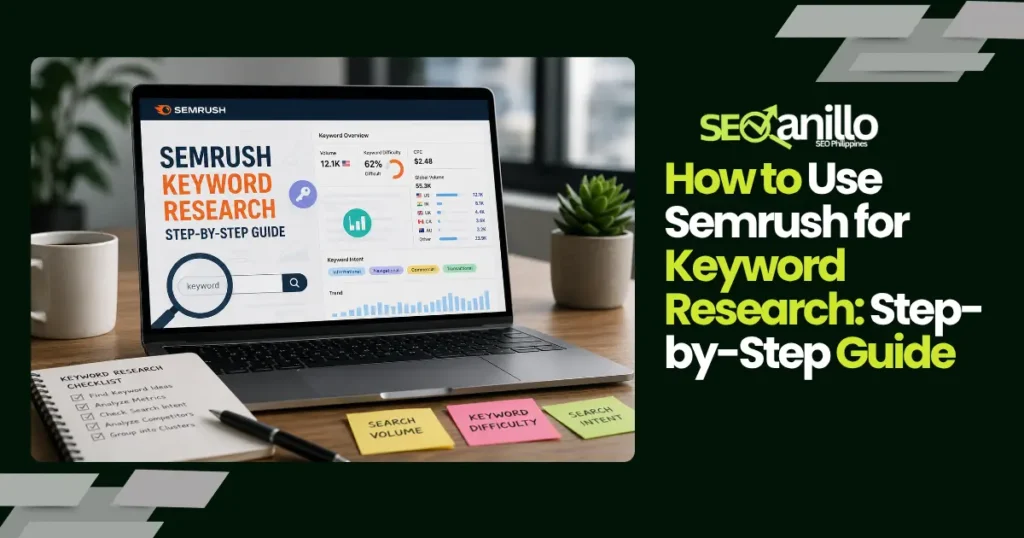 Semrush keyword research tutorial dashboard showing SEO metrics and keyword analysis tools