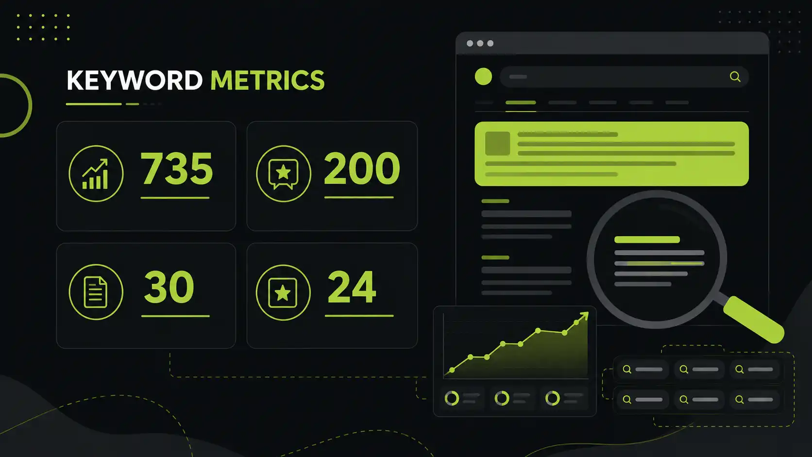 SEO keyword metrics dashboard showing 735, 200, 30, and 24 ranking results