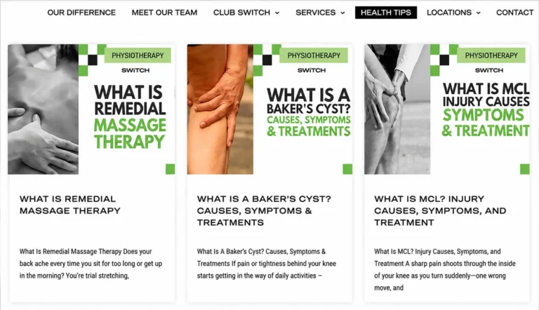 Switch Physiotherapy health tips page featuring articles on remedial massage, Baker’s cyst, and MCL injuries