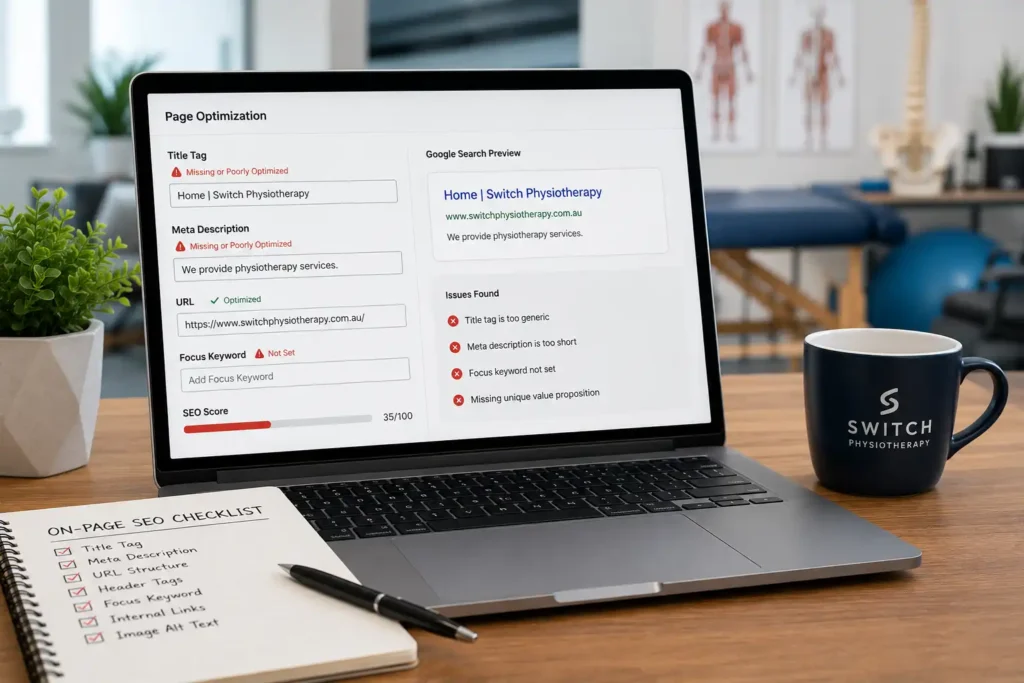 Laptop displaying physiotherapy website SEO issues with title tag, meta description, focus keyword, and SEO score.