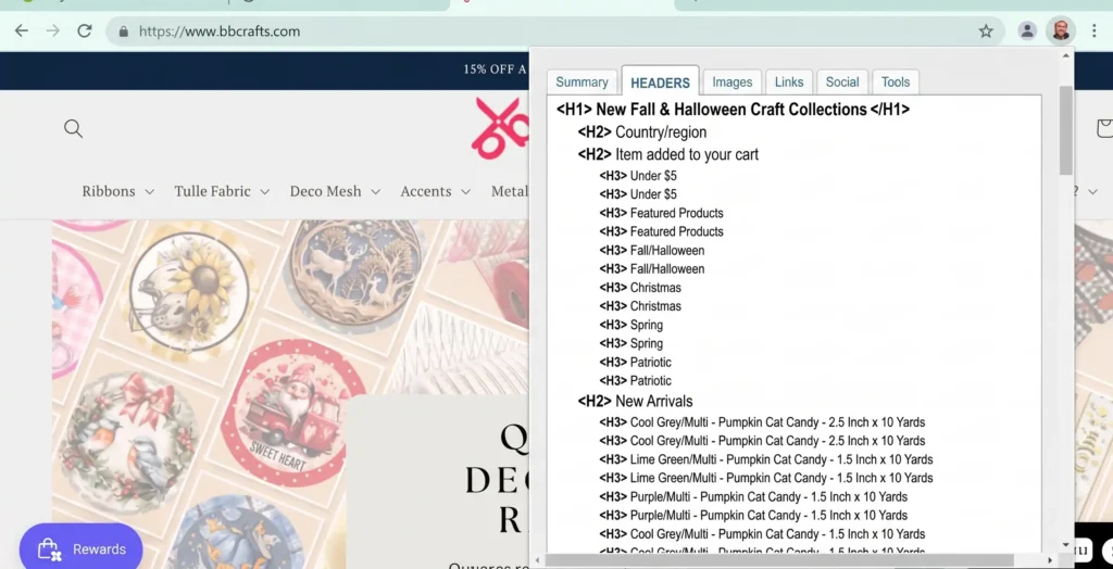 Browser showing SEO extension with HTML heading tags structure for bbcrafts.com