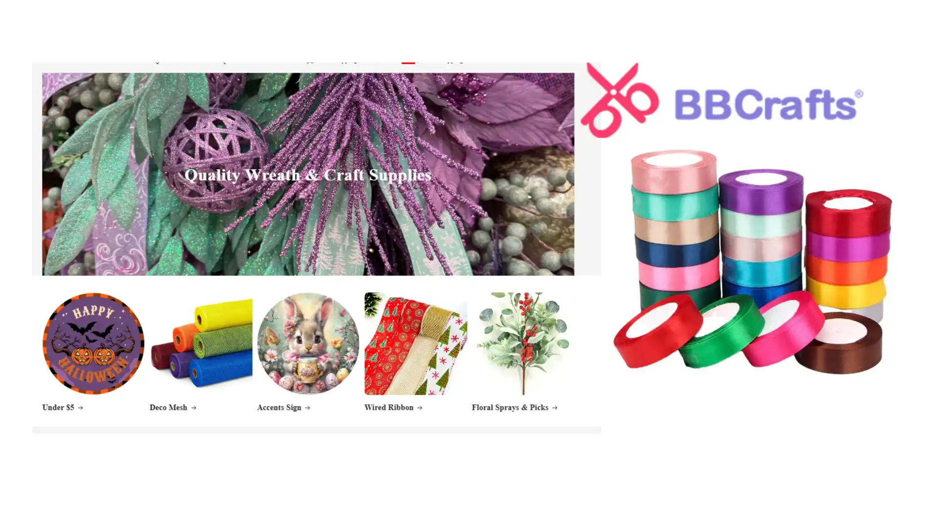 BBCrafts homepage showing craft categories and colorful satin ribbon rolls.
