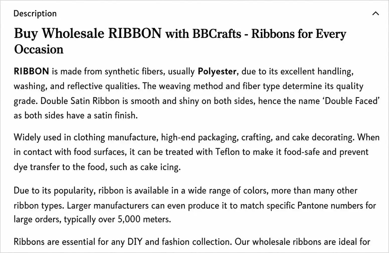 BBCrafts website product description text for wholesale ribbons and materials.