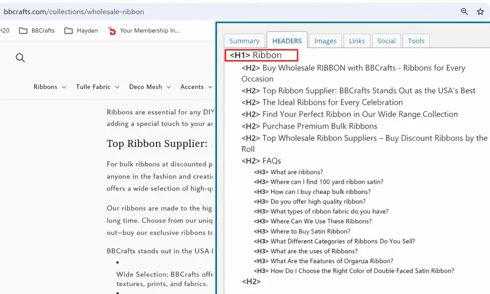 SEO extension highlighting the H1 Ribbon heading tag on the bbcrafts website.