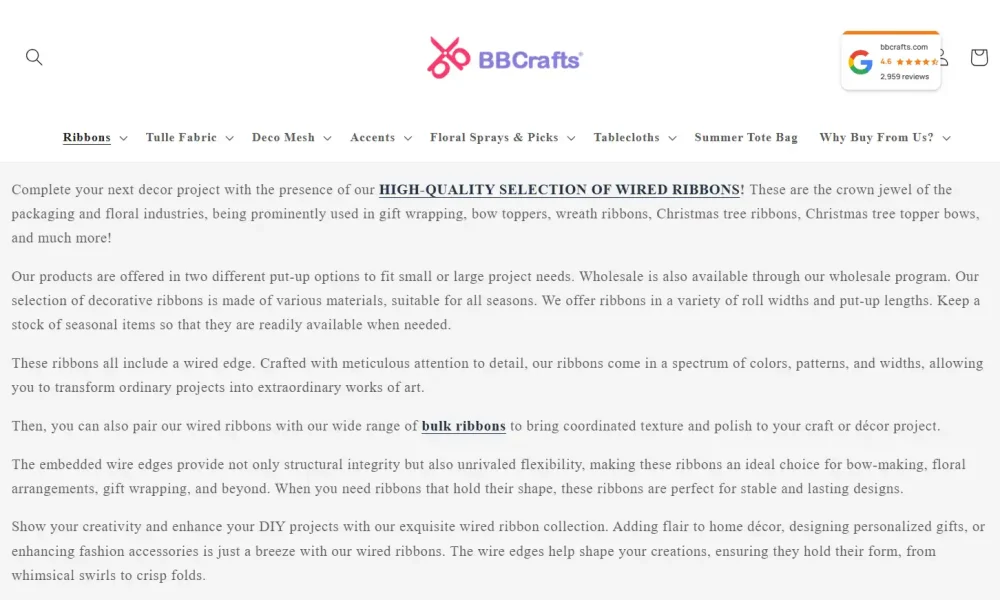 Screenshot of BBCrafts website text describing high-quality wired ribbons.