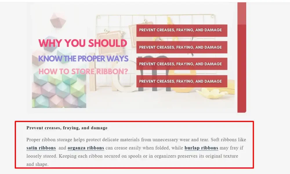 Graphic on proper ribbon storage to prevent creases, fraying, and damage.