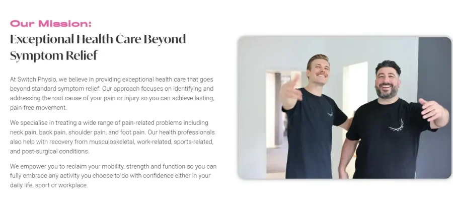 Switch Physio mission section featuring health care messaging and two physiotherapists.